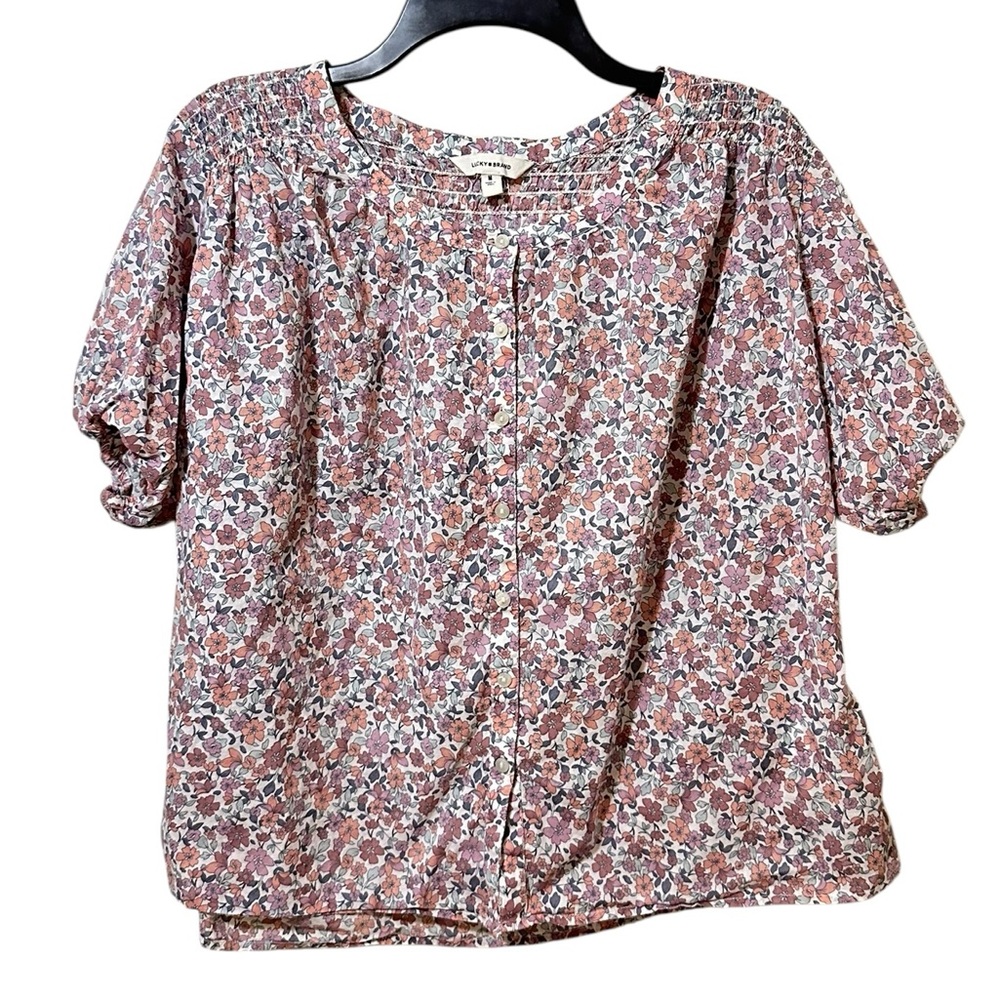 LUCKY BRAND pastel 100% cotton floral button front short sleeve shirt Medium